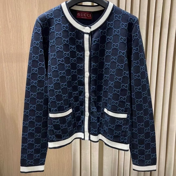 Gucci GG Logo Monogram Striped Jacquard Knit Cotton Cardigan in Navy Medium - Picture 1 of 8